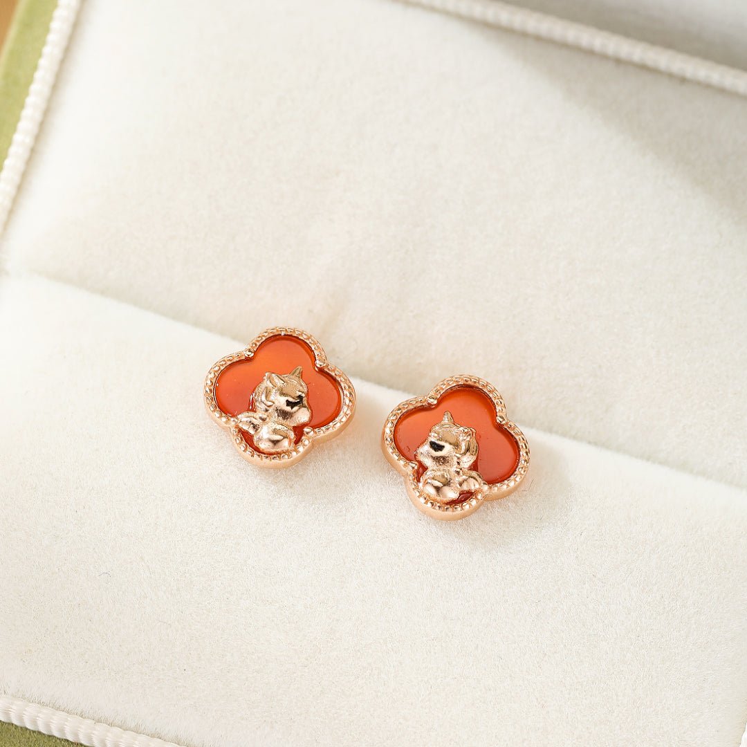 Boucles d'Oreilles Cheval Trèfle Argent Plaqué Or Rose Pierre Rouge - Biloria