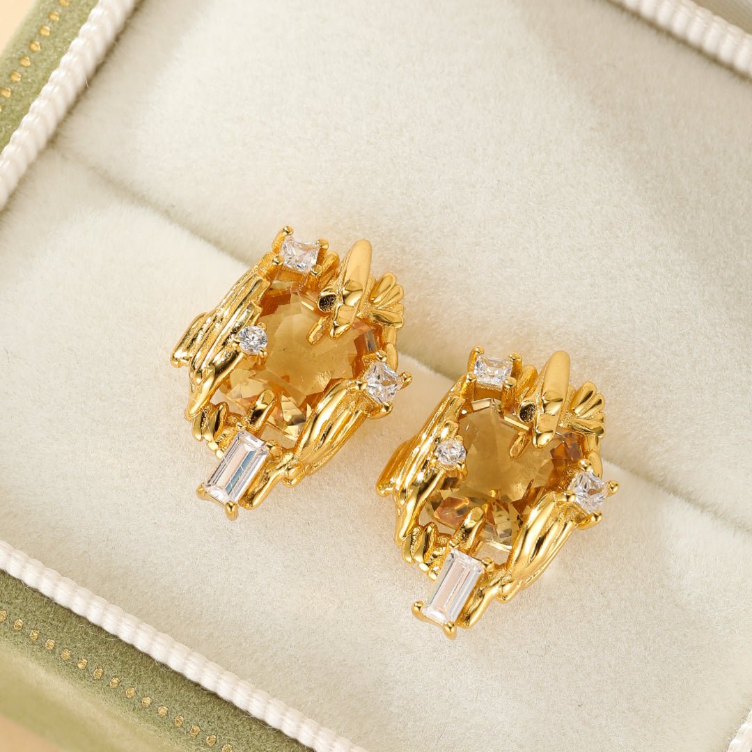 Boucles d'Oreilles Citrine Argent Plaqué Or – Zircon - Biloria