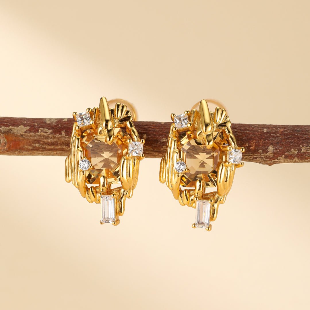 Boucles d'Oreilles Citrine Argent Plaqué Or – Zircon - Biloria