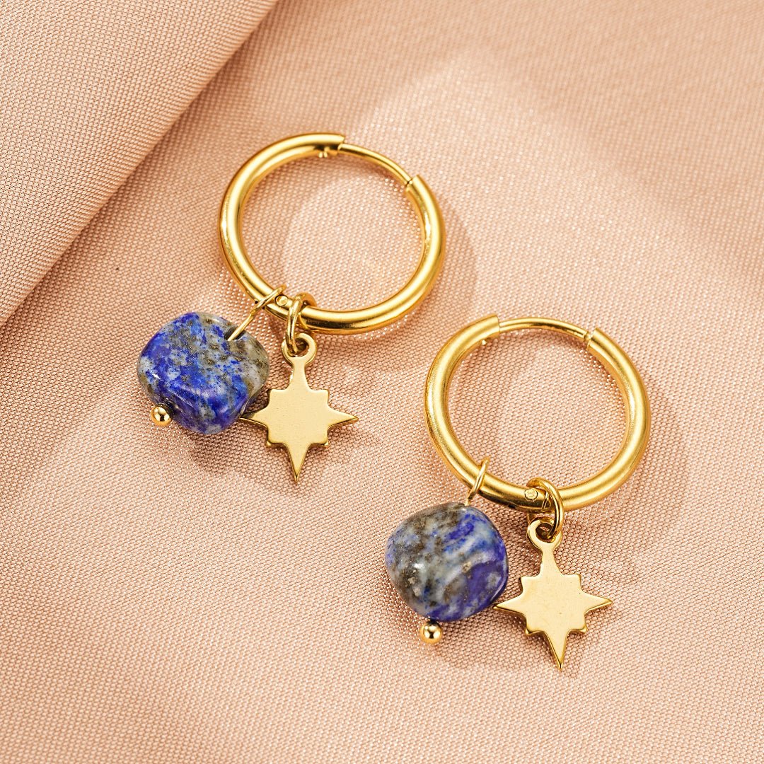 Boucles d'Oreilles Créoles avec Étoile - Amazonite ou Lapis Lazuli - Biloria