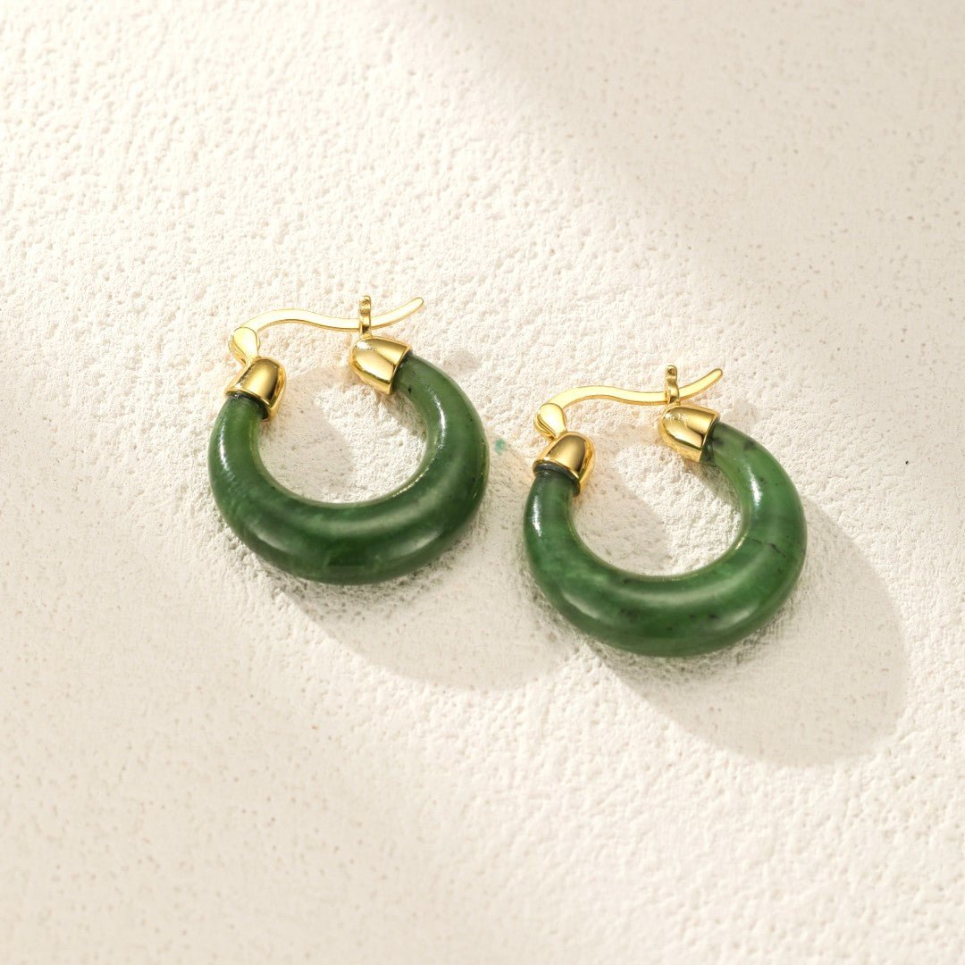 Boucles d'Oreilles Créoles Jade Argent Plaqué Or - Biloria