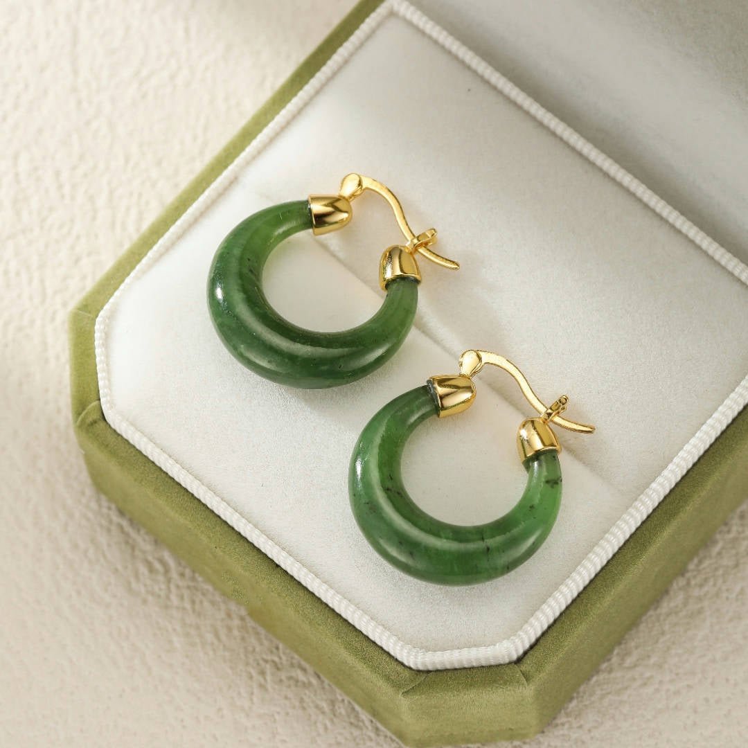 Boucles d'Oreilles Créoles Jade Argent Plaqué Or - Biloria