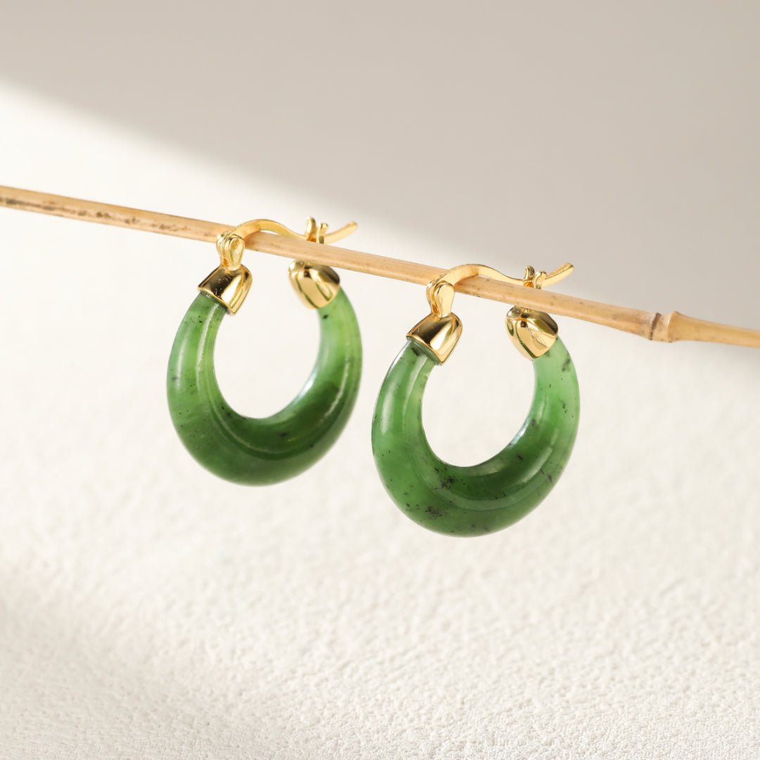 Boucles d'Oreilles Créoles Jade Argent Plaqué Or - Biloria