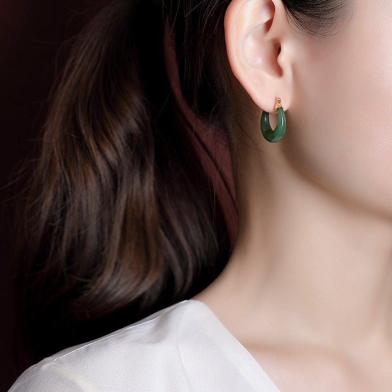Boucles d'Oreilles Créoles Jade Argent Plaqué Or - Biloria