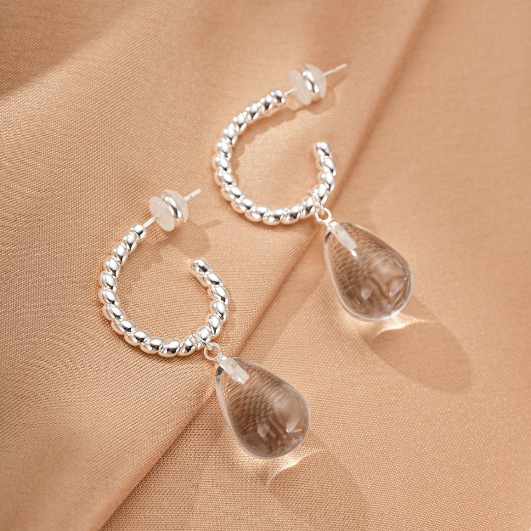 Boucles d'Oreilles Cristal de Roche Goutte Spirale Argent 925 - Biloria