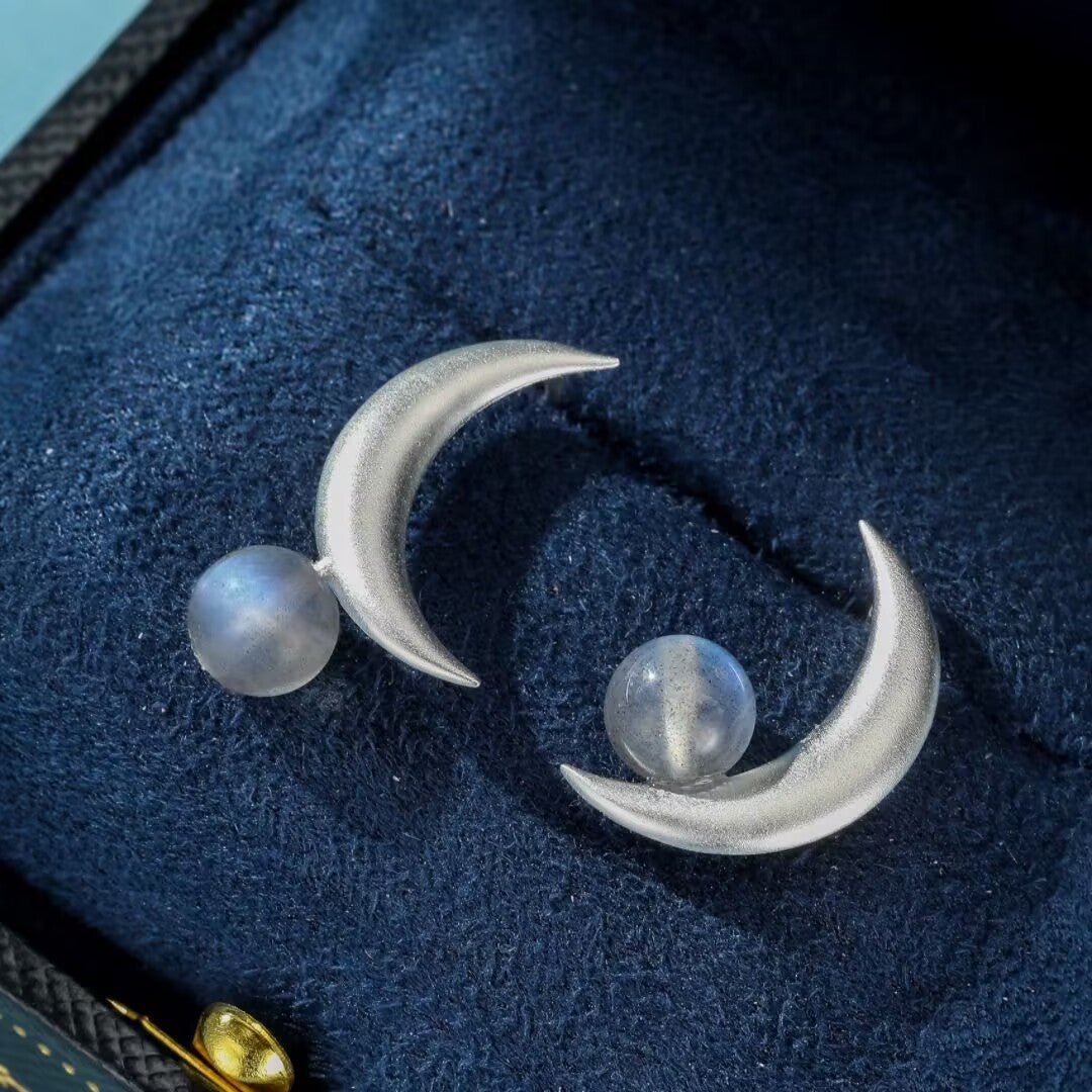 Boucles d'Oreilles Croissant Lunaire Labradorite Argent 925 - Biloria