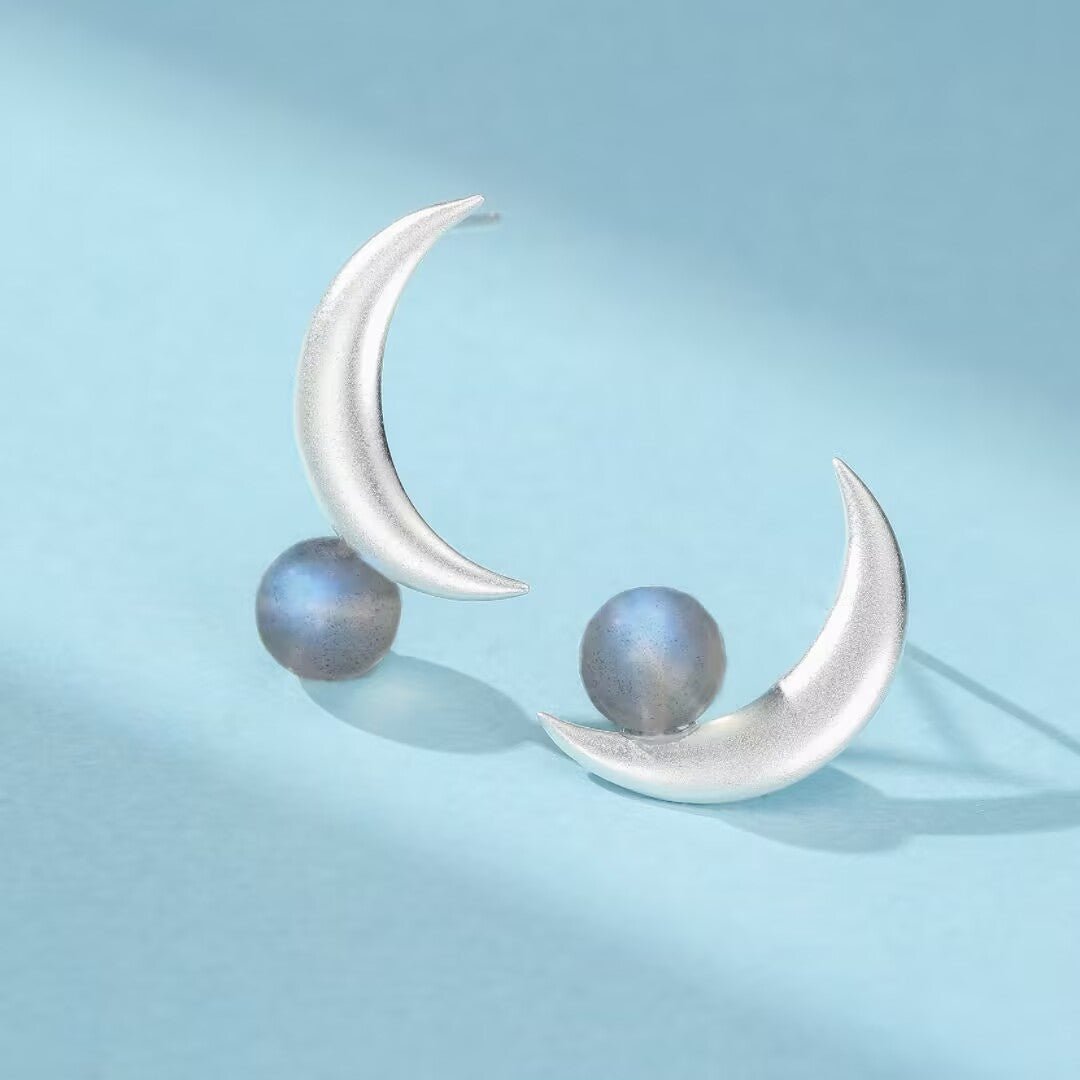 Boucles d'Oreilles Croissant Lunaire Labradorite Argent 925 - Biloria