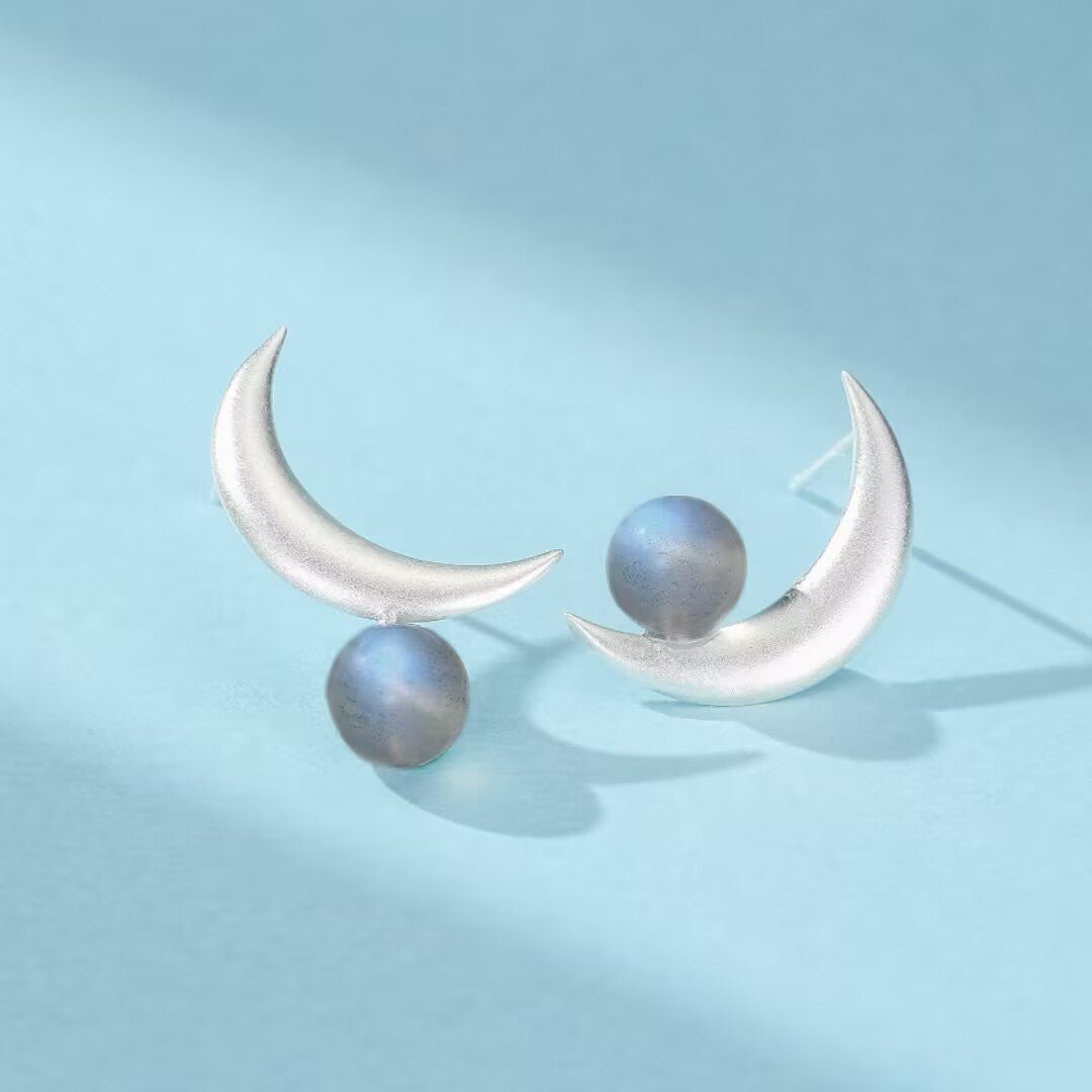 Boucles d'Oreilles Croissant Lunaire Labradorite Argent 925 - Biloria