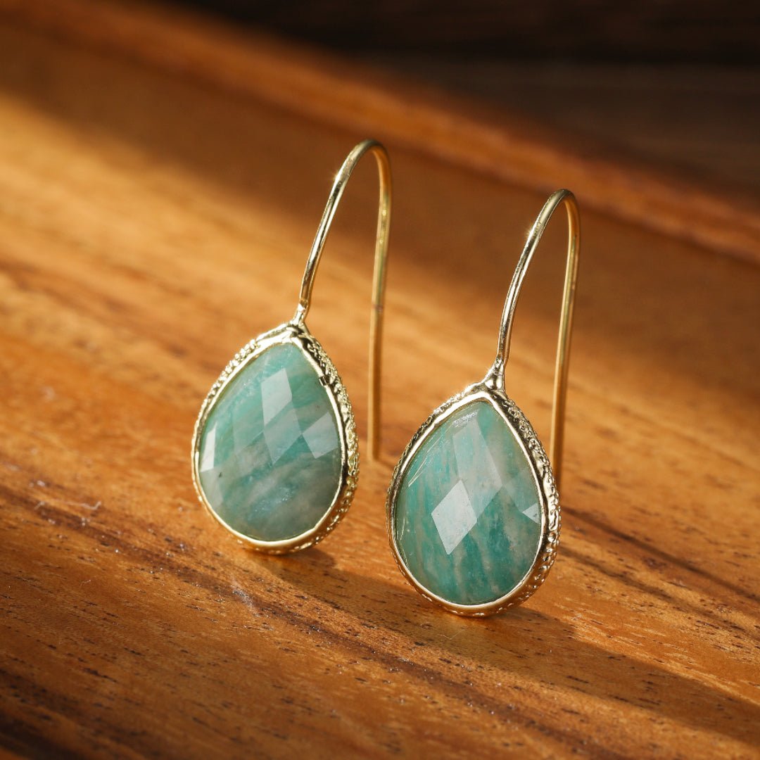 Boucles d'Oreilles en Amazonite Goutte – Laiton Doré - Biloria