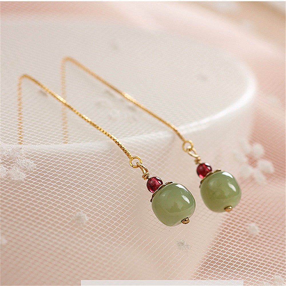 Boucles d'Oreilles en Jade et Agate Rouge Fruit - Argent Plaqué Or - Biloria