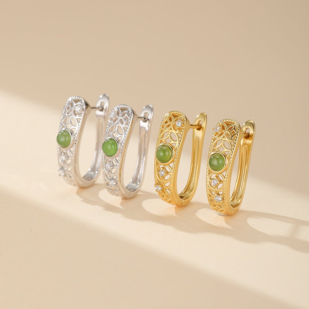 Boucles d'Oreilles en Jade Vert, Argent 925 ou Plaqué Or - Biloria