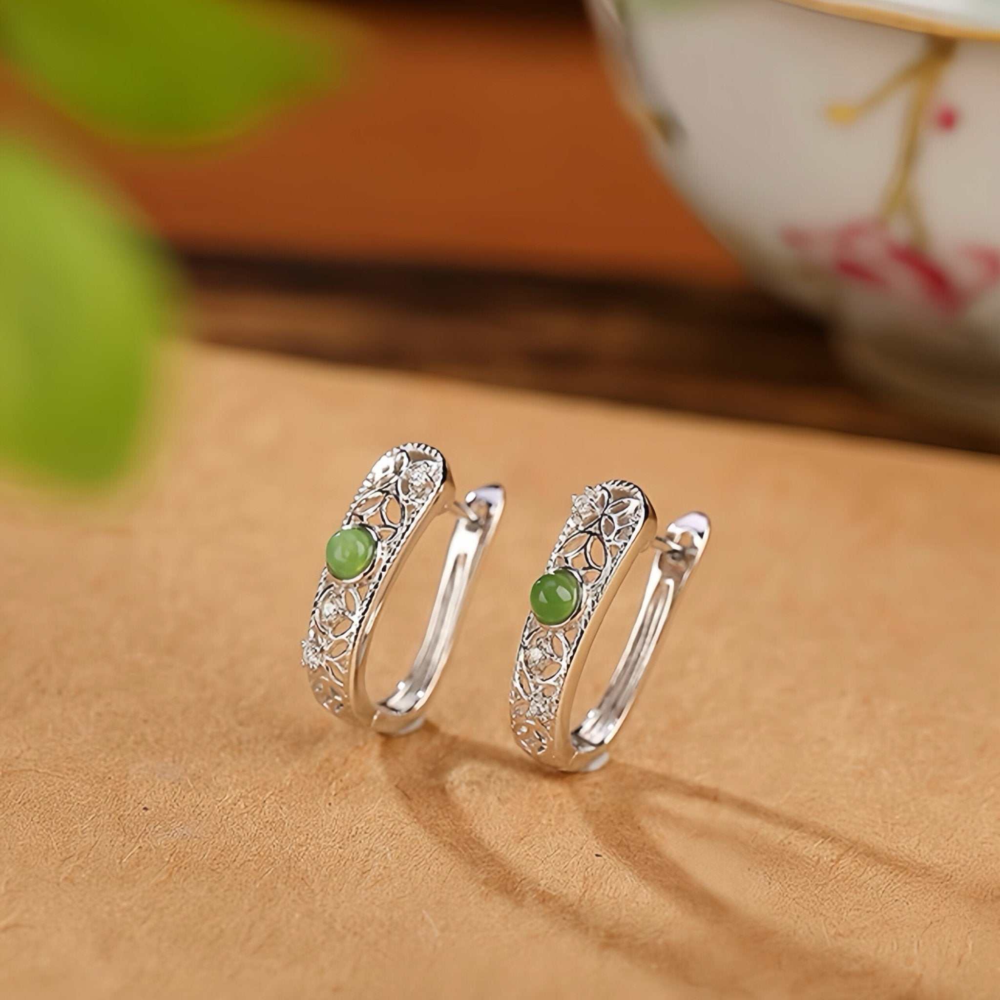 Boucles d'Oreilles en Jade Vert, Argent 925 ou Plaqué Or - Biloria