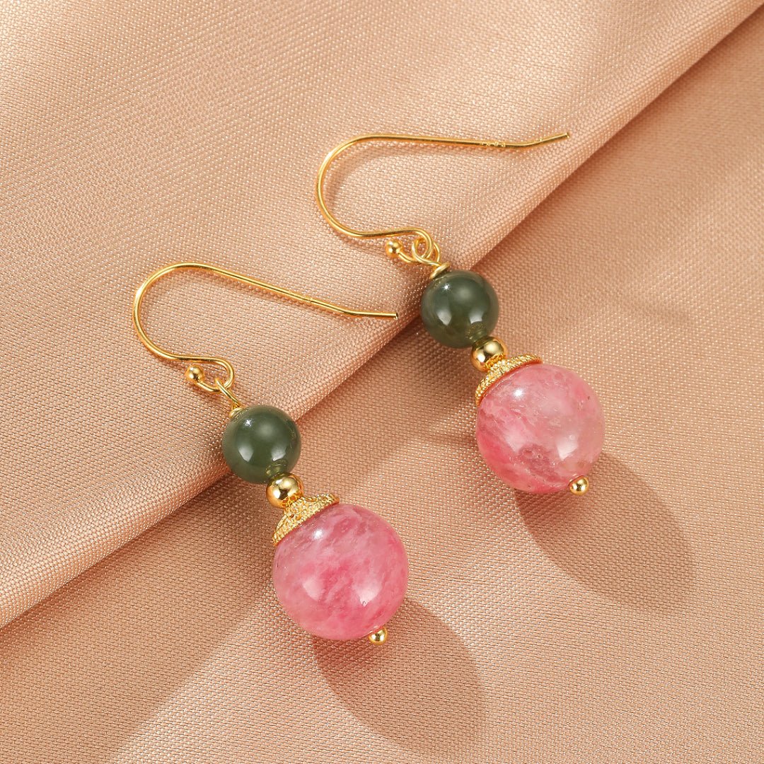 Boucles d'Oreilles en Rhodonite et Jade : Harmonie et Sérénité - Biloria