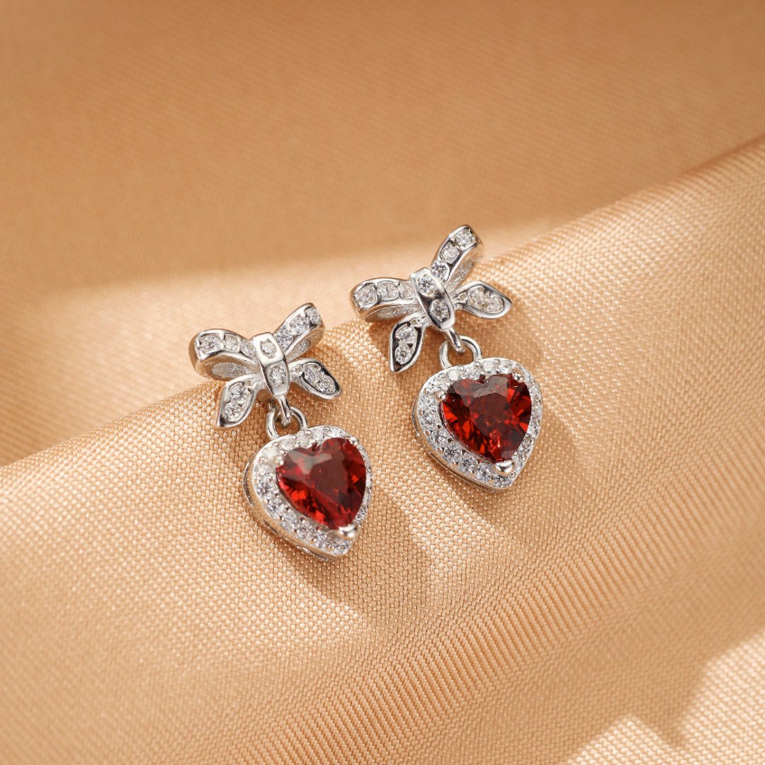 Boucles d'oreilles Grenat Cœur Nœud d'Amour Argent 925 - Biloria