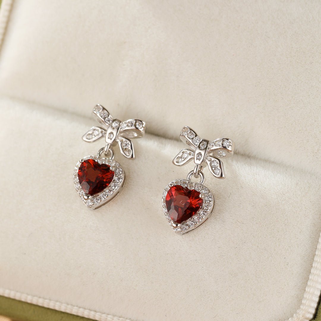 Boucles d'oreilles Grenat Cœur Nœud d'Amour Argent 925 - Biloria