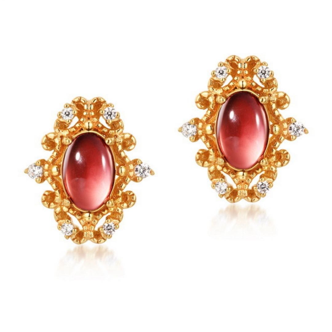 Boucles d'Oreilles Grenat Flamme Rouge - Argent Plaqué Or 10K - Biloria