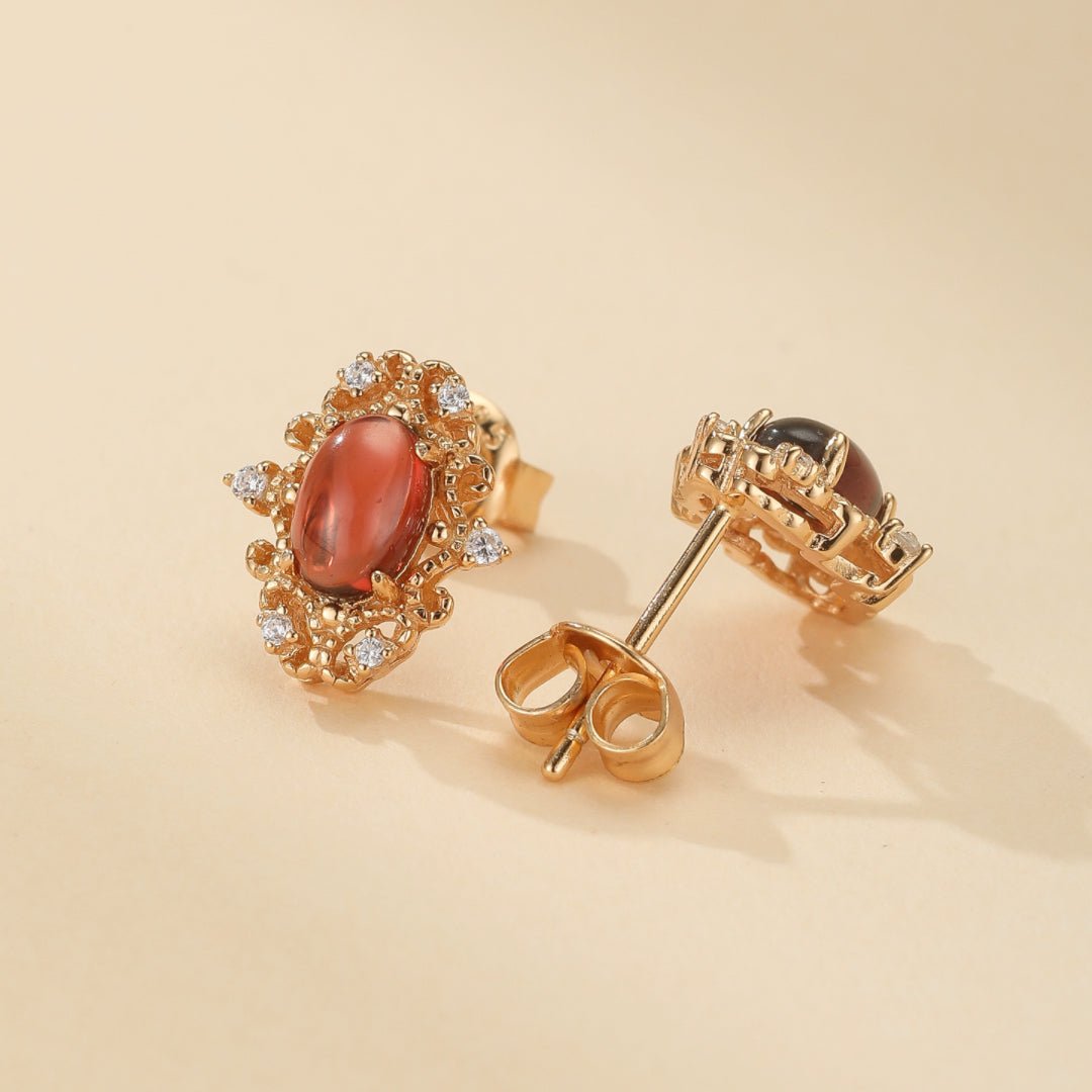 Boucles d'Oreilles Grenat Flamme Rouge - Argent Plaqué Or 10K - Biloria