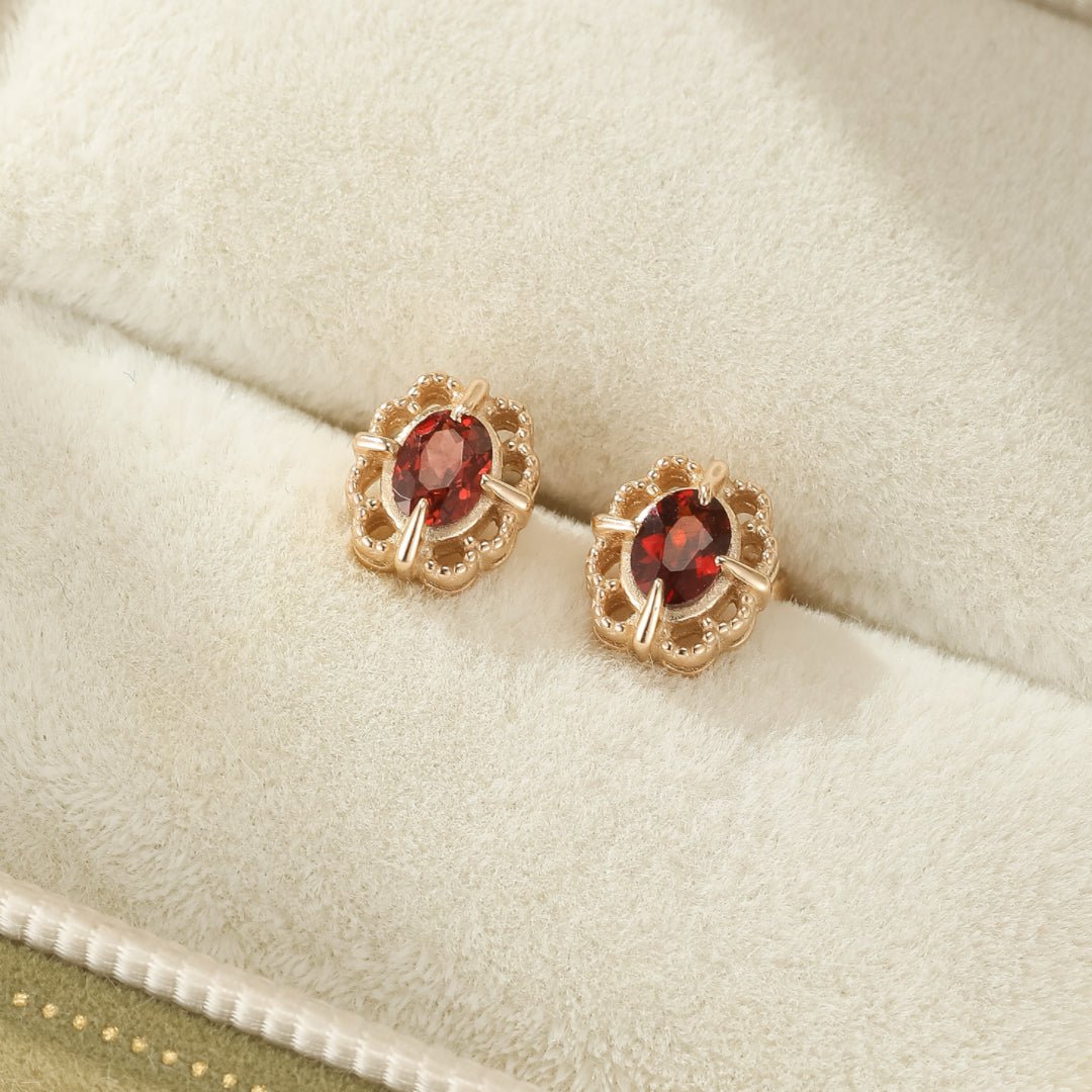 Boucles d'Oreilles Grenat Rouge – Argent Plaqué Or - Biloria