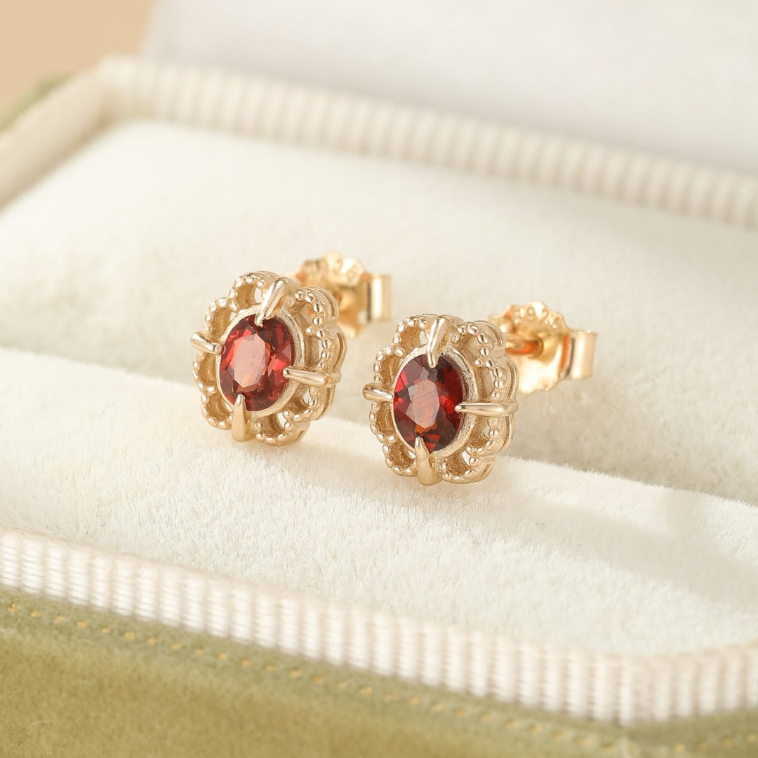 Boucles d'Oreilles Grenat Rouge – Argent Plaqué Or - Biloria