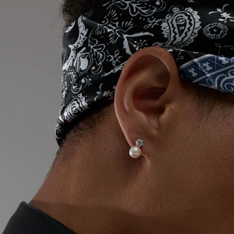Boucles d'Oreilles Homme Perle Hexagone Argent 925 – Zircon - Biloria
