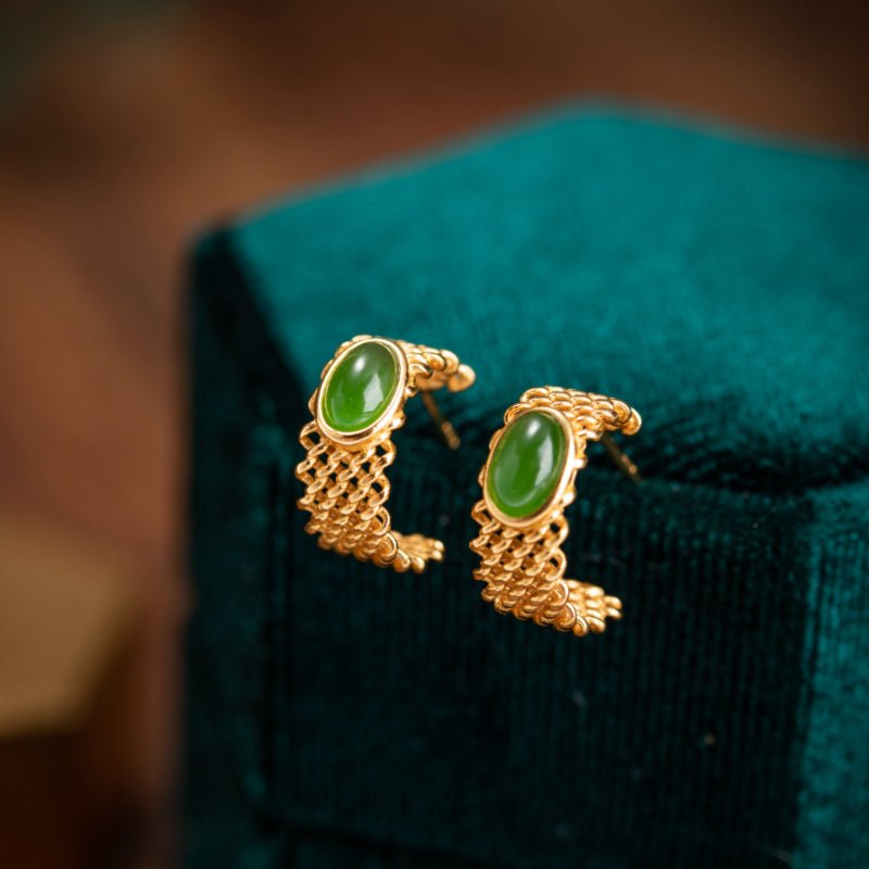 Boucles d'Oreilles Jade Argent Plaqué Or – Cadeau Raffiné - Biloria