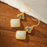 Boucles d'Oreilles Jade Blanc Lotus Bleu Argent Plaqué Or - Biloria