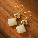 Boucles d'Oreilles Jade Blanc Lotus Bleu Argent Plaqué Or - Biloria