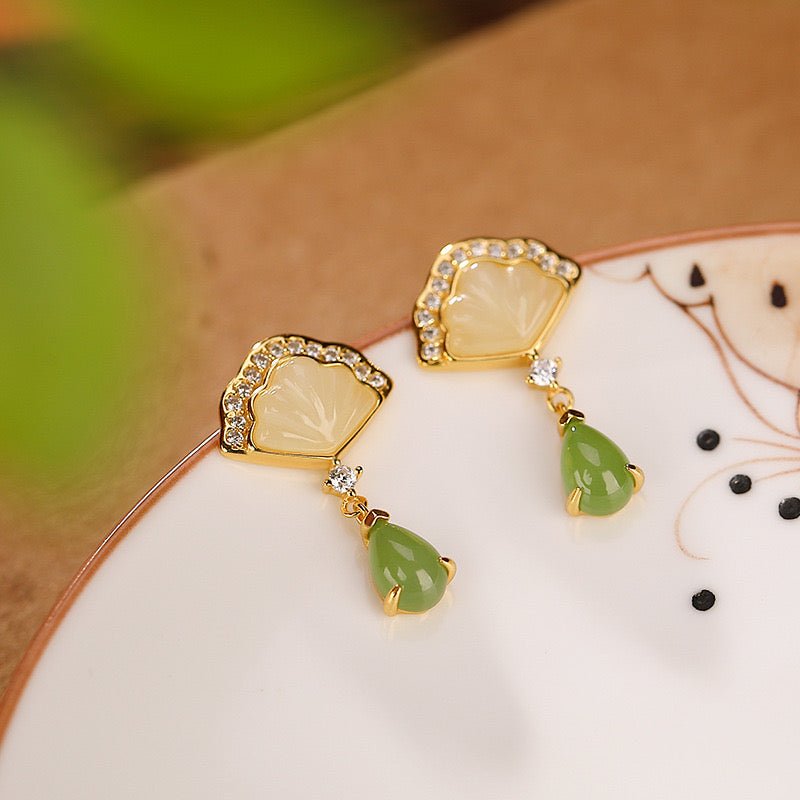 Boucles d'Oreilles Jade & Cœur de Nacre – Argent Plaqué Or - Biloria