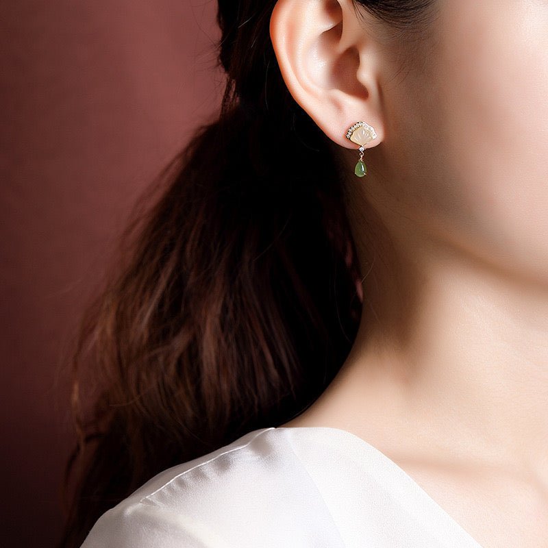 Boucles d'Oreilles Jade & Cœur de Nacre – Argent Plaqué Or - Biloria