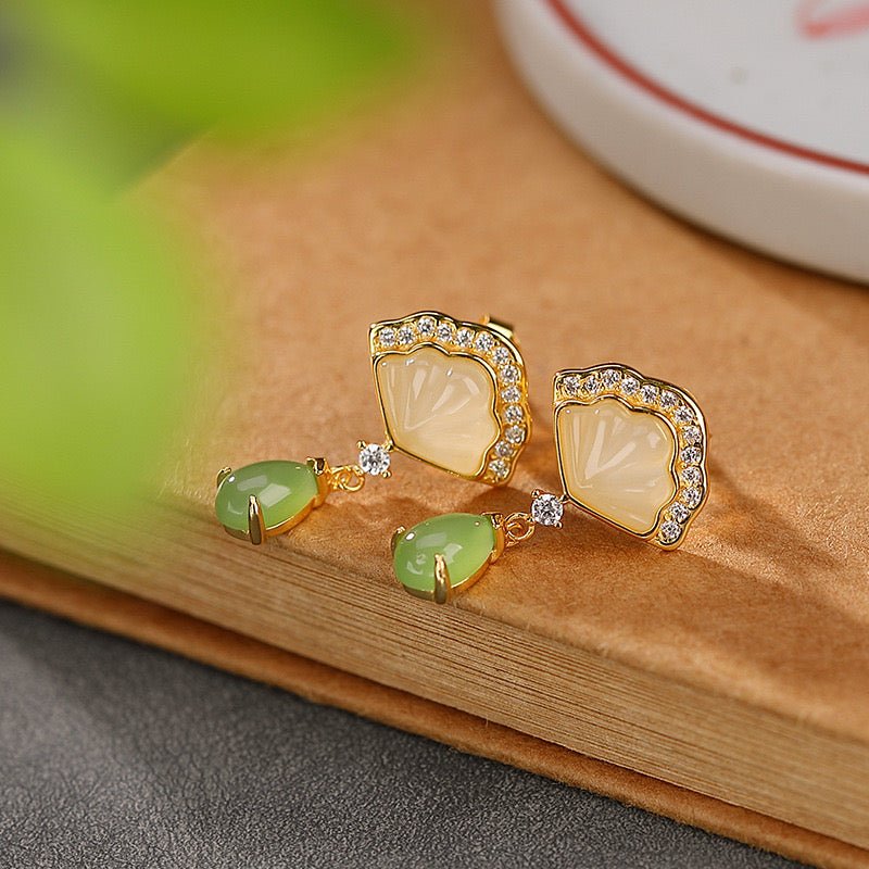 Boucles d'Oreilles Jade & Cœur de Nacre – Argent Plaqué Or - Biloria
