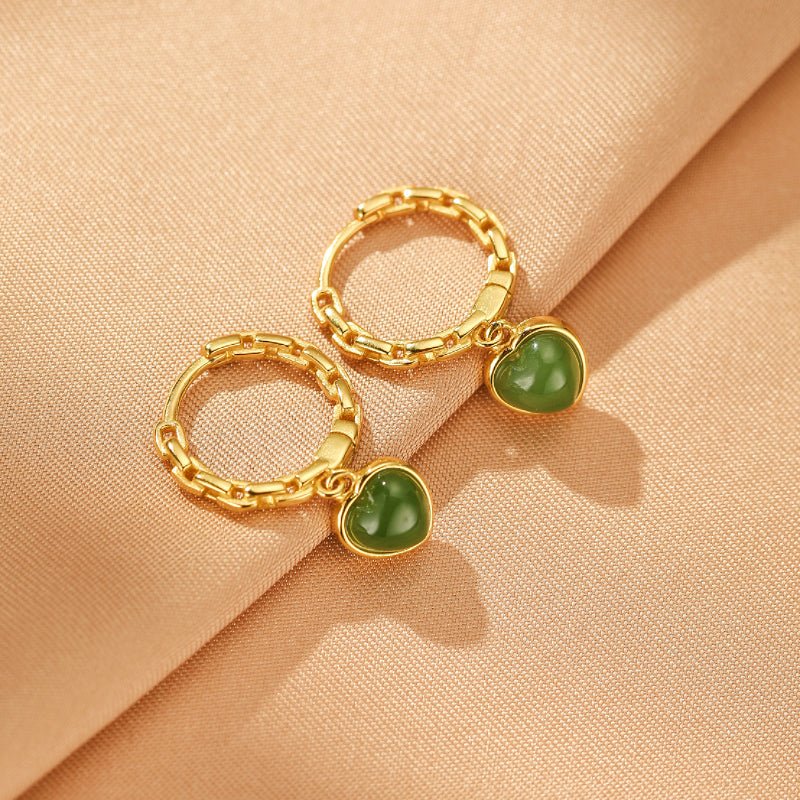 Boucles d'Oreilles Jade Cœur Sérénité Argent Plaqué Or - Biloria