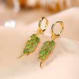 Boucles d'Oreilles Jade Feuilles Argent Plaqué Or - Biloria