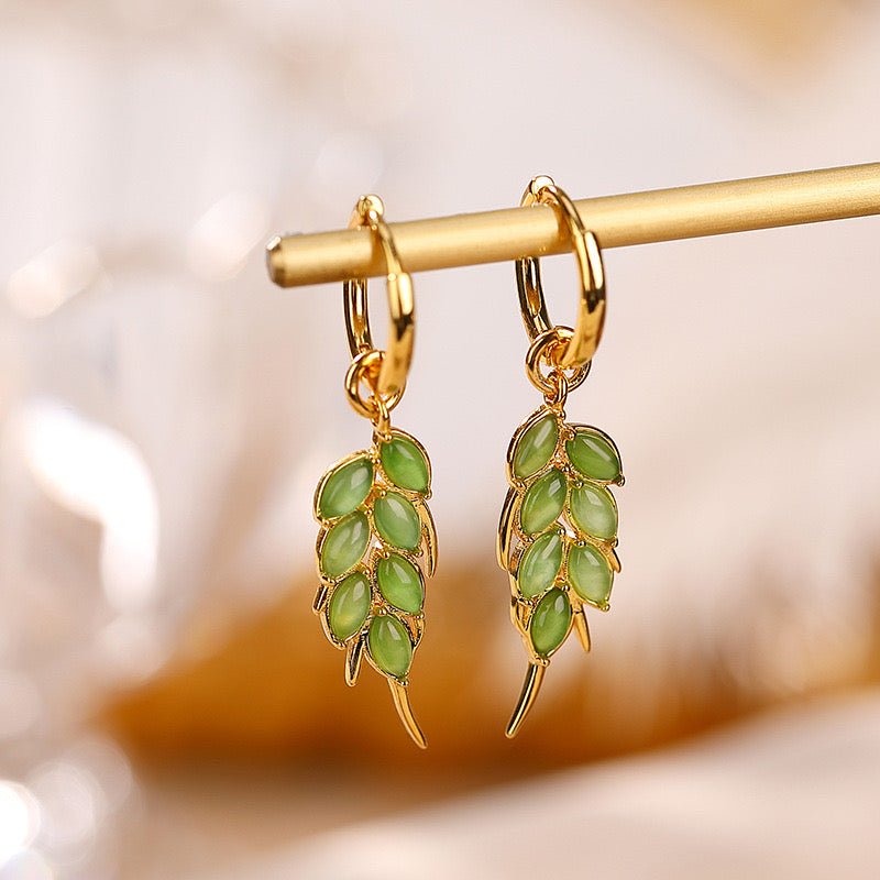 Boucles d'Oreilles Jade Feuilles Argent Plaqué Or - Biloria
