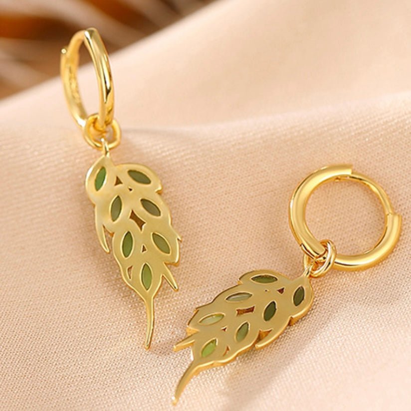 Boucles d'Oreilles Jade Feuilles Argent Plaqué Or - Biloria