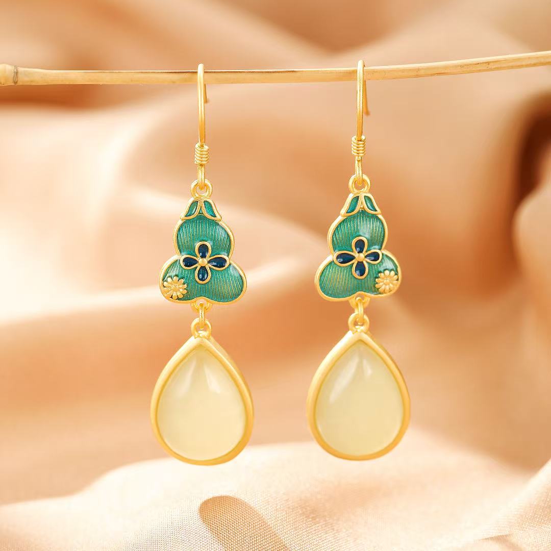 Boucles d'Oreilles Jade Goutte de Chance Argent Plaqué Or - Biloria