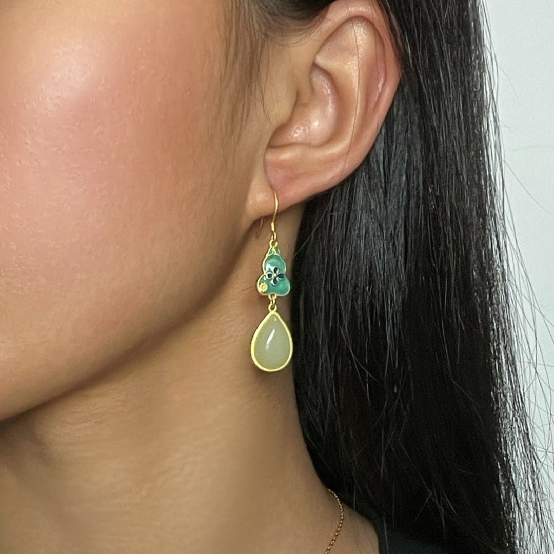 Boucles d'Oreilles Jade Goutte de Chance Argent Plaqué Or - Biloria