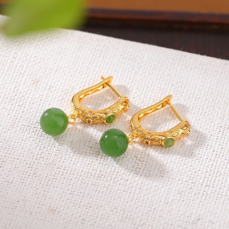 Boucles d'Oreilles Jade Jardin Impérial en Argent Plaqué Or - Biloria