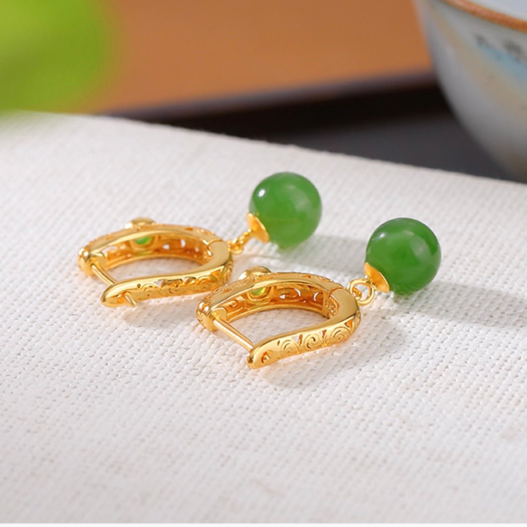 Boucles d'Oreilles Jade Jardin Impérial en Argent Plaqué Or - Biloria