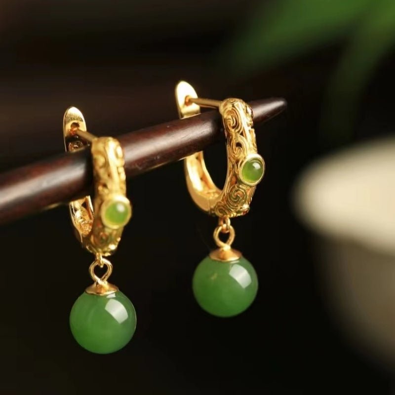 Boucles d'Oreilles Jade Jardin Impérial en Argent Plaqué Or - Biloria