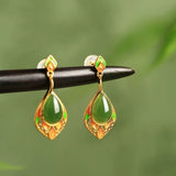 Boucles d'Oreilles Jade Naturel Feuille de Joie – Argent Plaqué Or - Biloria