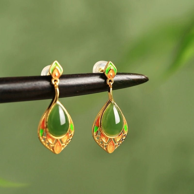 Boucles d'Oreilles Jade Naturel Feuille de Joie – Argent Plaqué Or - Biloria