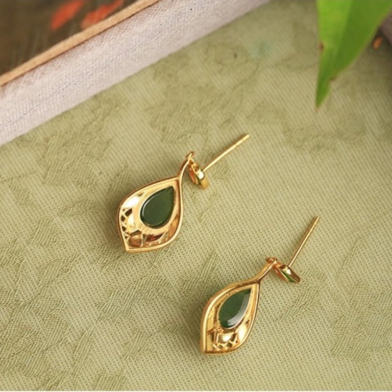Boucles d'Oreilles Jade Naturel Feuille de Joie – Argent Plaqué Or - Biloria