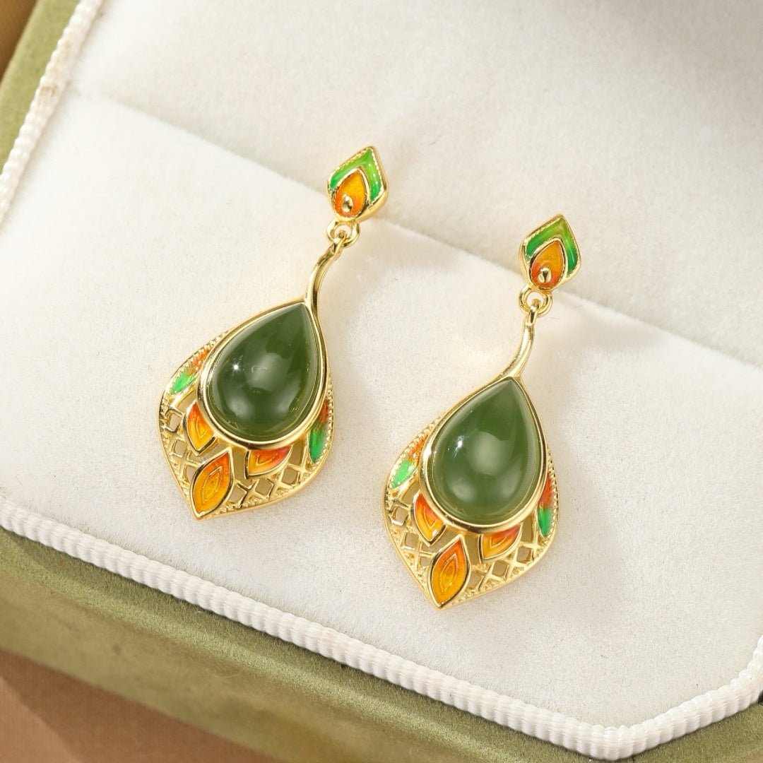 Boucles d'Oreilles Jade Naturel Feuille de Joie – Argent Plaqué Or - Biloria