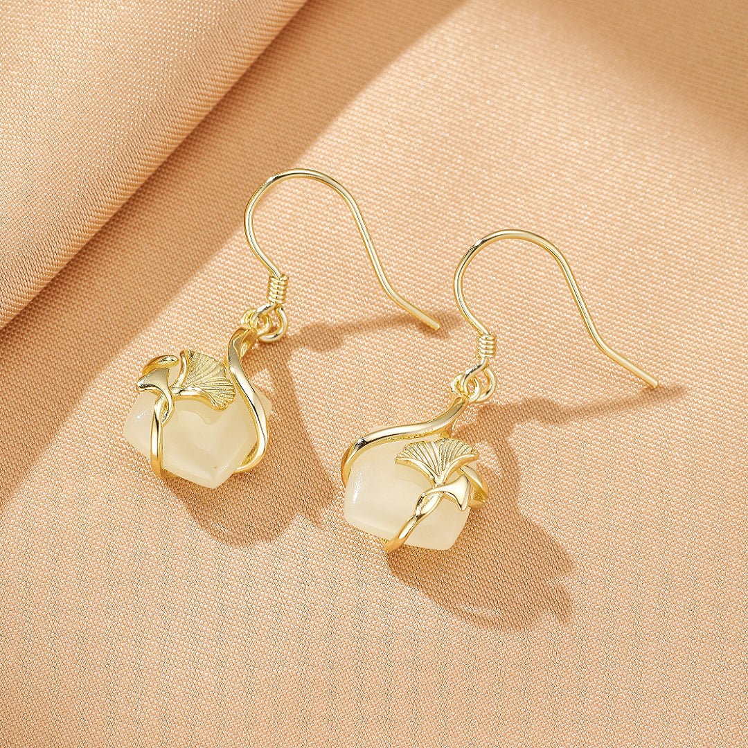 Boucles d'Oreilles Jade Néphrite et Ginkgo – Feng Shui - Biloria