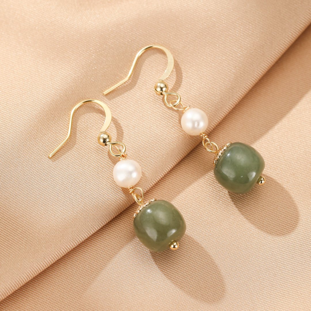 Boucles d'Oreilles Jade Néphrite et Perle – Harmonie Feng Shui - Biloria