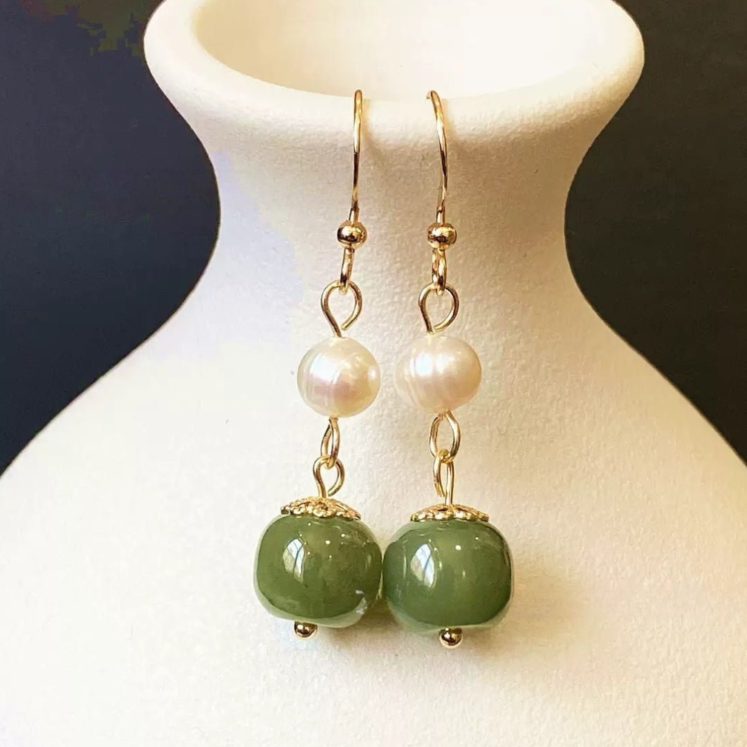 Boucles d'Oreilles Jade Néphrite et Perle – Harmonie Feng Shui - Biloria