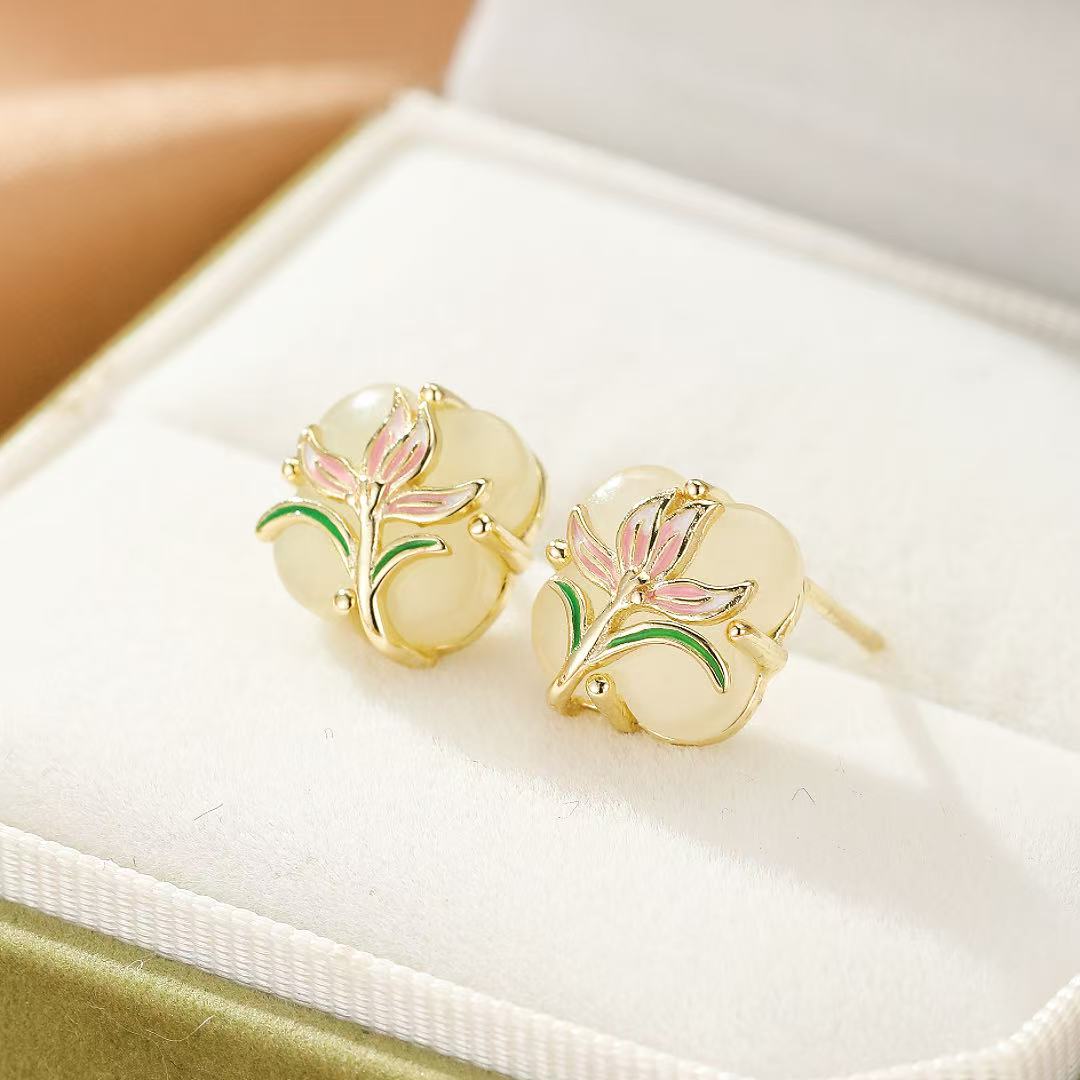 Boucles d'oreilles jade néphrite fleur rose - Argent plaqué or - Biloria