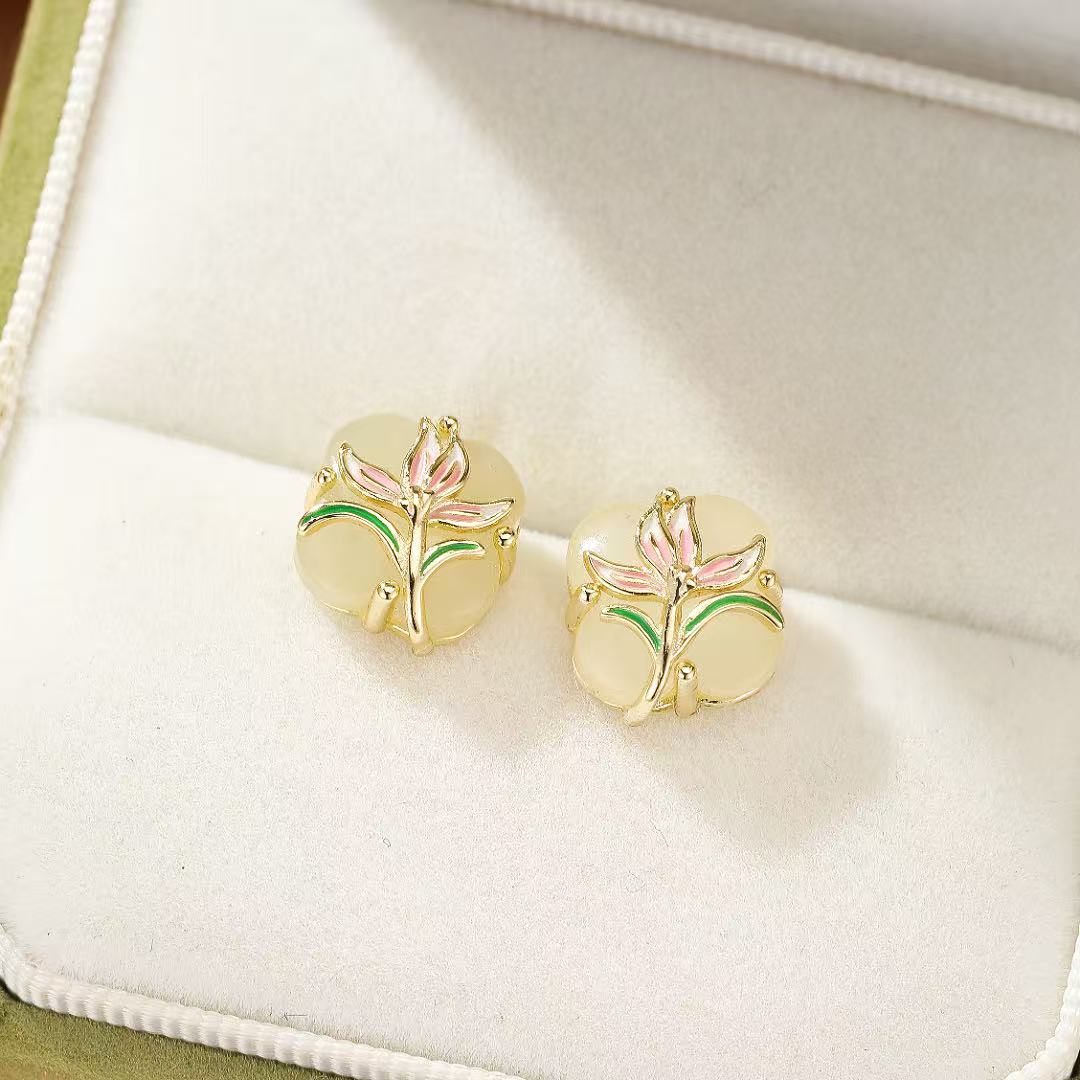Boucles d'oreilles jade néphrite fleur rose - Argent plaqué or - Biloria