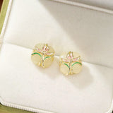 Boucles d'oreilles jade néphrite fleur rose - Argent plaqué or - Biloria