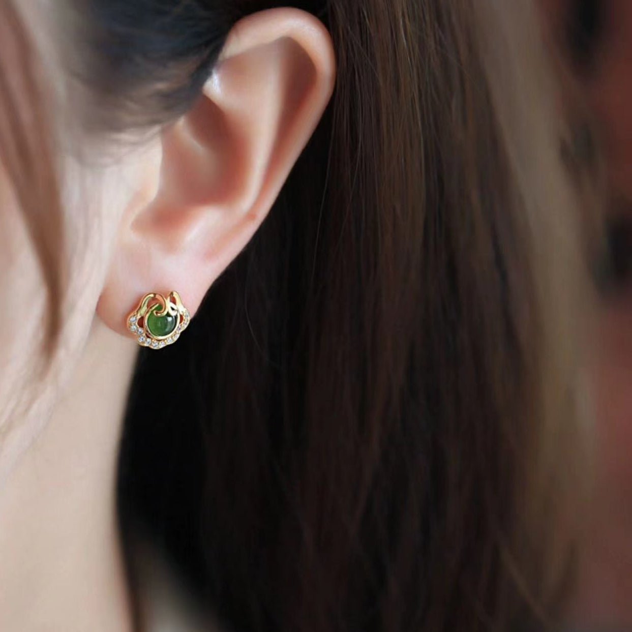 Boucles d'Oreilles Jade Nuage de Bonheur en Argent Plaqué Or - Biloria